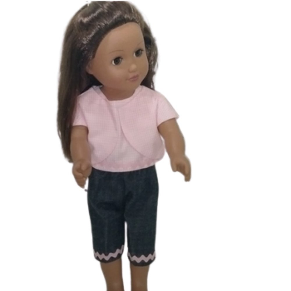 Pink & White Check Top & Bolero Jacket w/ Denim Capris Hand Crafted ~18" Dolls
